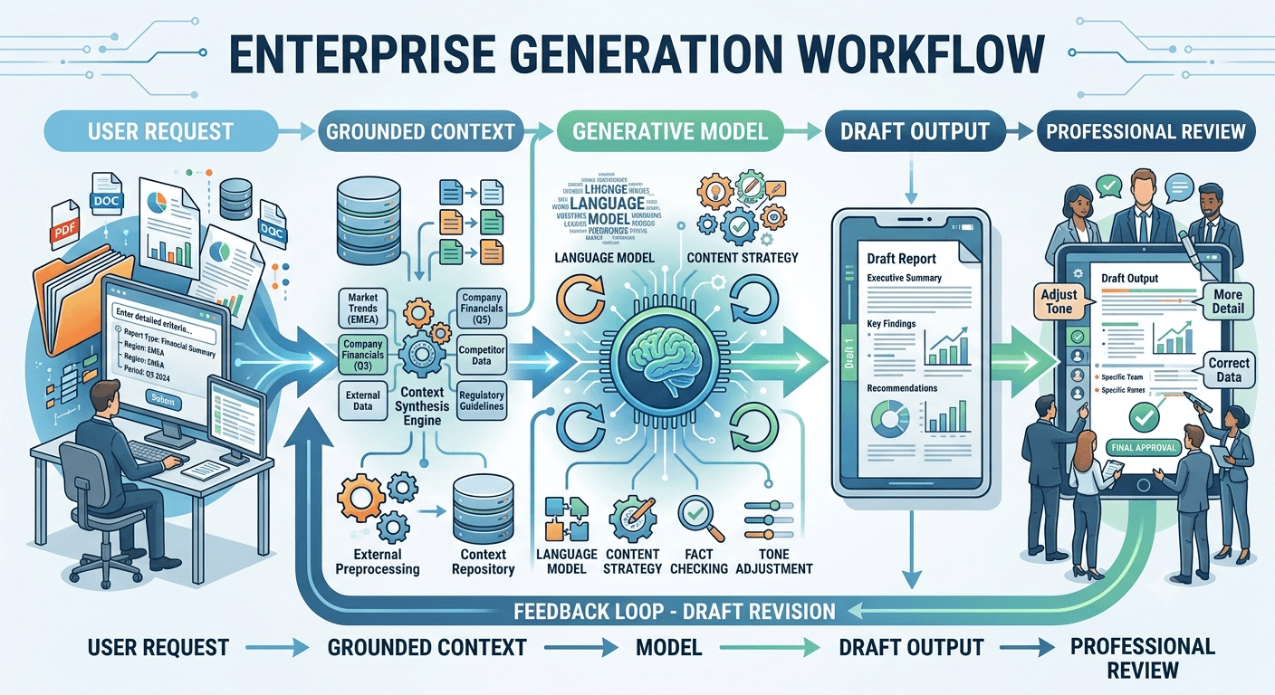 Infographic titled Enterprise Generation Workflow from user request through grounded context, generative model, draft output, professional review, and a draft-revision loop.