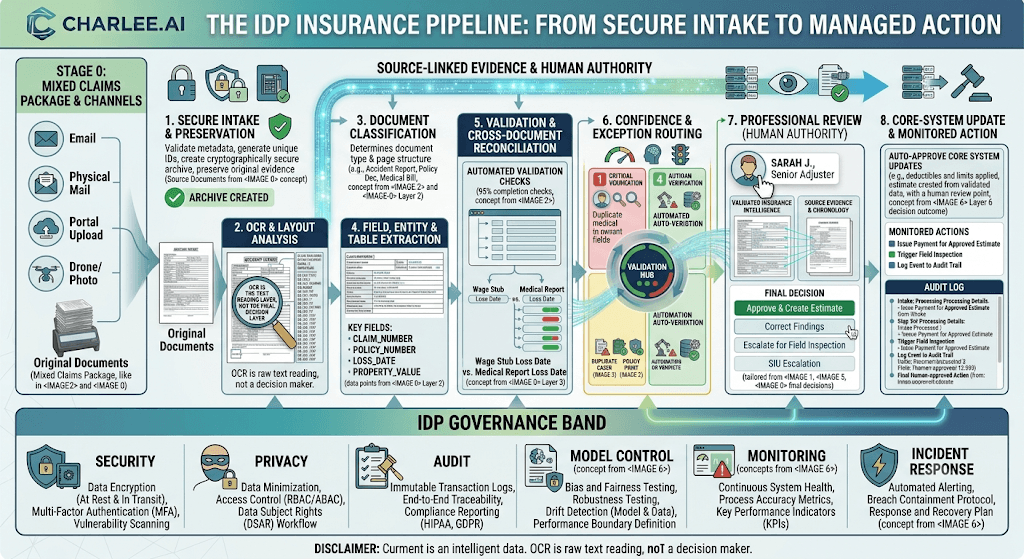 Infographic titled The IDP Insurance Pipeline: From Secure Intake to Managed Action, stages 0–8 plus an IDP governance band.