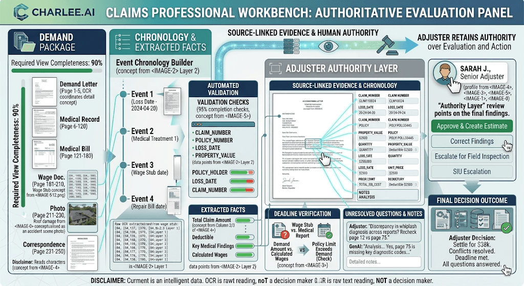Infographic titled Claims Professional Workbench: Authoritative Evaluation Panel with demand package, chronology, validation, and adjuster authority actions.