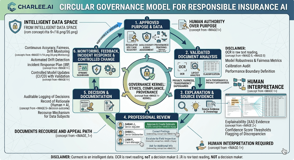 Infographic titled Circular Governance Model for Responsible Insurance AI with a six-step cycle around an ethics, compliance, and provenance kernel and human authority.