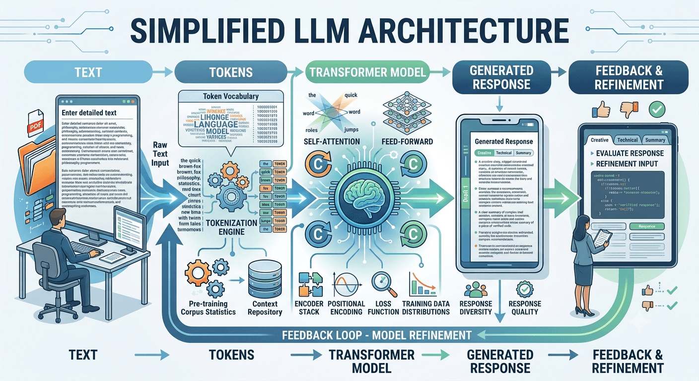 Infographic titled Simplified LLM Architecture from text and tokens through a transformer model, generated response, and feedback/refinement.
