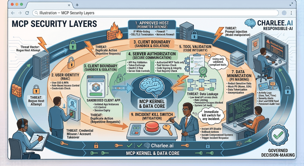 Infographic titled MCP Security Layers around an MCP kernel covering identity, sandbox, authorization, tool validation, PII minimization, and a kill switch.