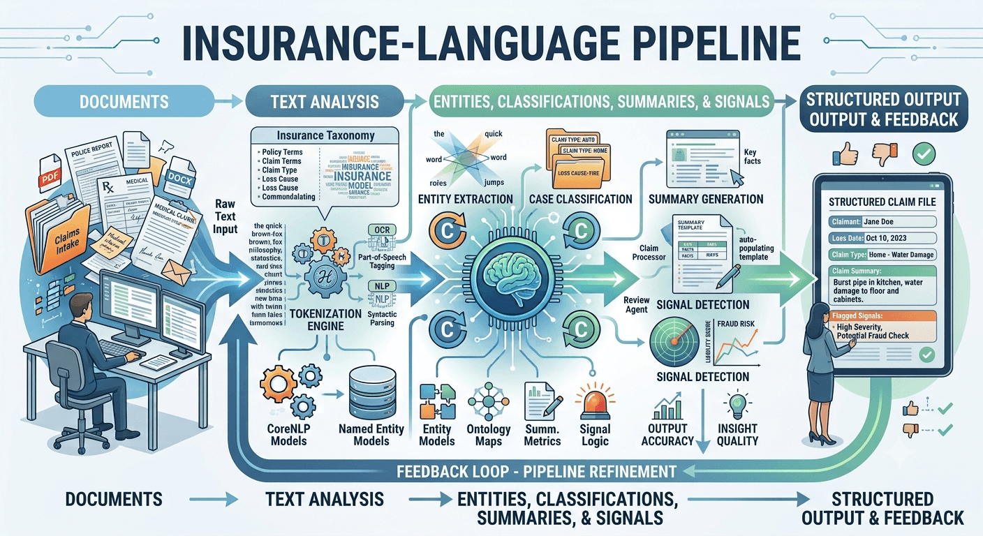 Infographic titled Insurance-Language Pipeline from documents through text analysis to entities, classifications, summaries, signals, and structured output.
