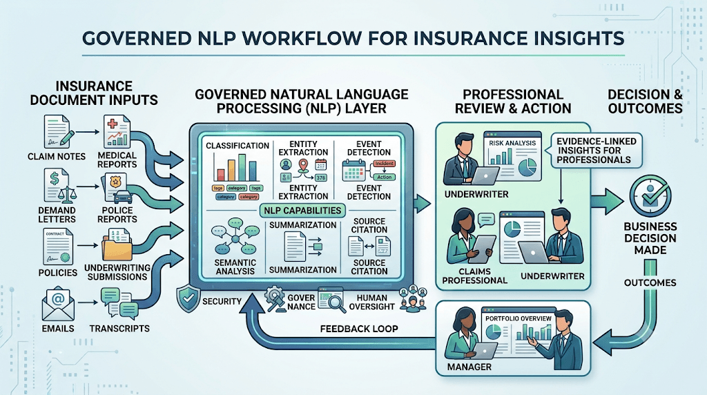 Infographic titled Governed NLP Workflow for Insurance Insights from document inputs through an NLP layer to professional review, decisions, and feedback.