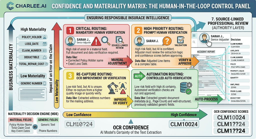 Infographic titled Confidence and Materiality Matrix: The Human-in-the-Loop Control Panel routing fields by confidence vs. materiality to human or auto verification.