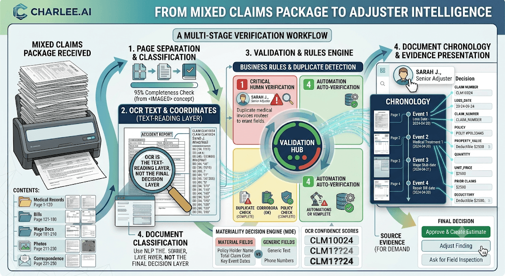Infographic titled From Mixed Claims Package to Adjuster Intelligence with page split, OCR, validation hub, chronology, and final decision actions.