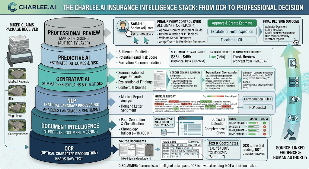 Infographic titled The Charlee.ai Insurance Intelligence Stack from OCR up through document intelligence, NLP, generative AI, predictive AI, and professional review.