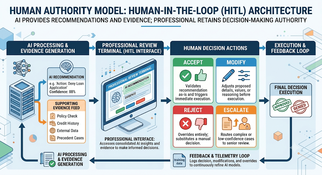 Infographic titled Human Authority Model: Human-in-the-Loop (HITL) Architecture from AI recommendations through accept/modify/reject/escalate to execution and feedback.