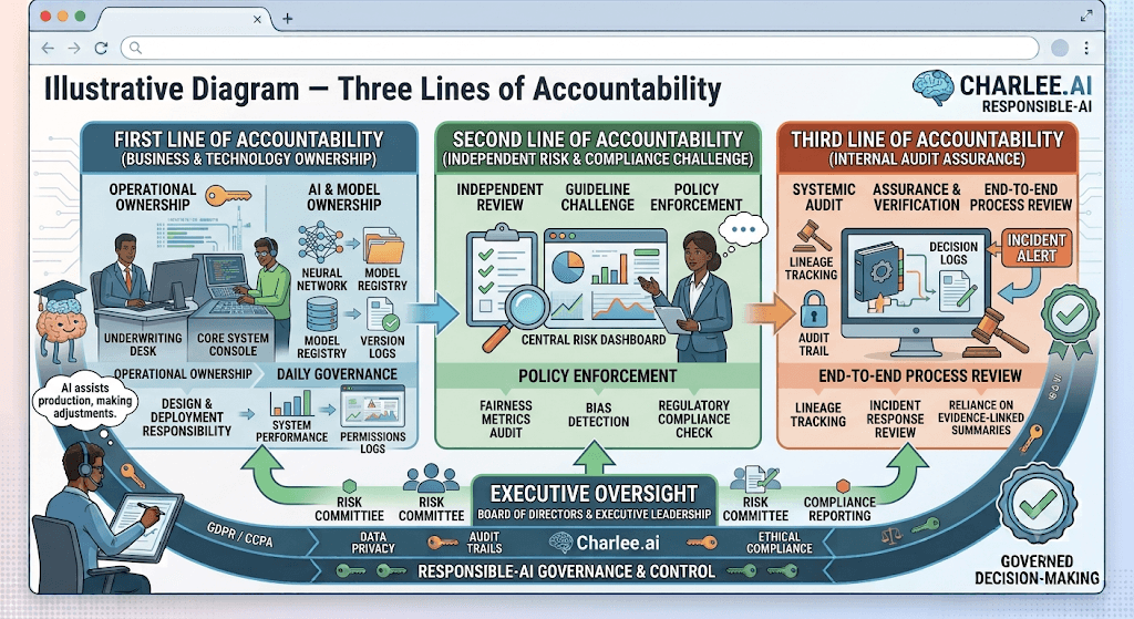Diagram titled Three Lines of Accountability for business/tech ownership, independent risk/compliance, and internal audit under executive oversight.
