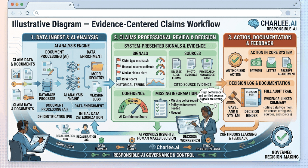 Diagram titled Evidence-Centered Claims Workflow from data ingest and AI analysis through professional review of signals/evidence to action, documentation, and feedback.