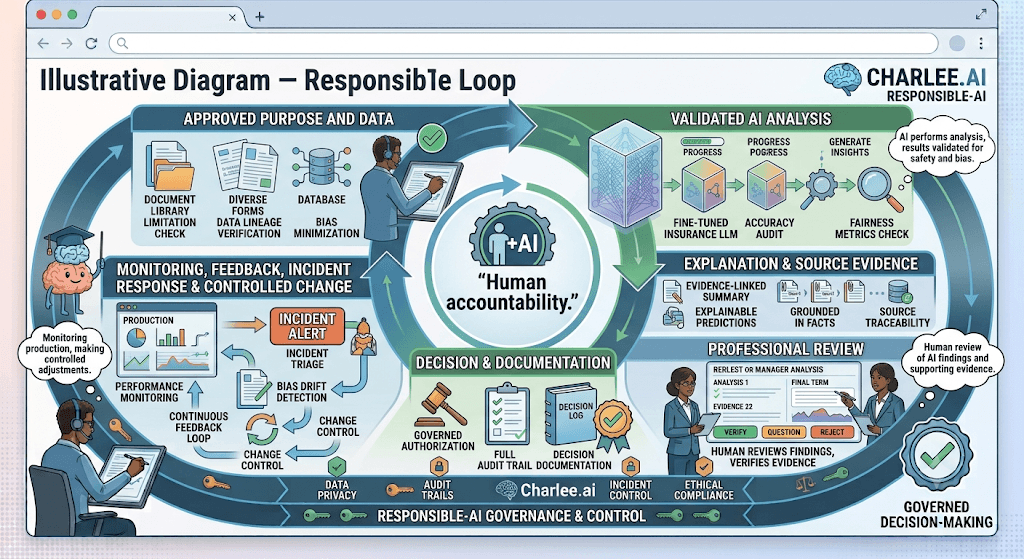 Diagram titled Illustrative Diagram — Responsible Loop cycling approved purpose, validated analysis, explanation, professional review, decision/documentation, and monitoring around human accountability.