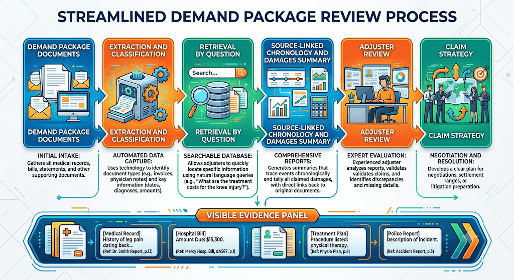 Infographic titled Streamlined Demand Package Review Process from intake through extraction, retrieval, chronology, adjuster review, claim strategy, and a visible evidence panel.