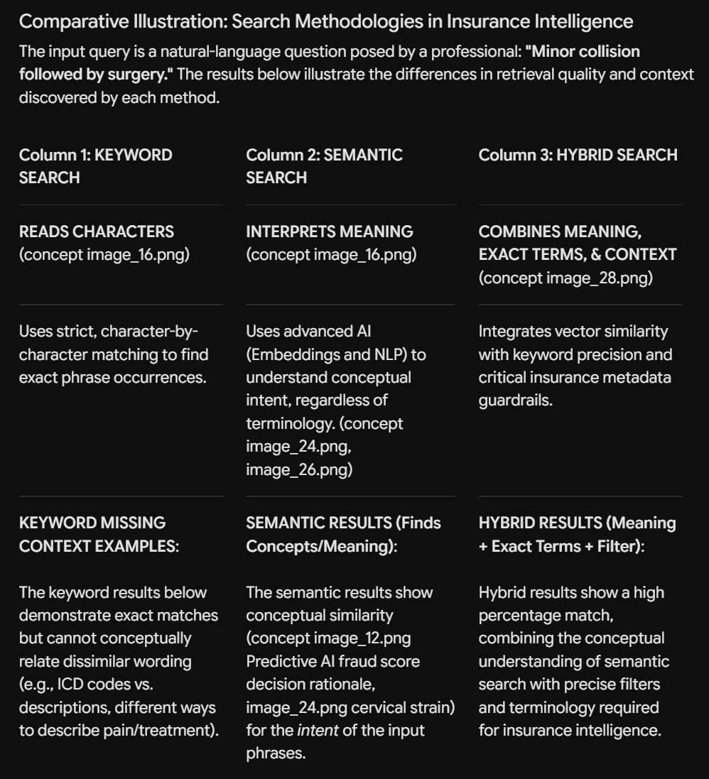 Infographic titled Search Methodologies in Insurance Intelligence contrasting keyword, semantic, and hybrid search for “Minor collision followed by surgery.”