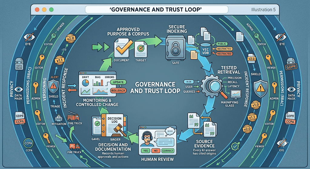 Infographic titled Governance and Trust Loop cycling approved corpus, secure indexing, tested retrieval, source evidence, human review, decision logs, and monitoring.