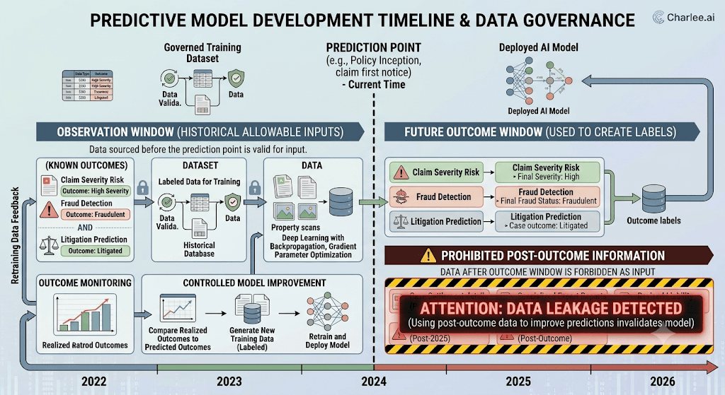 Infographic titled Predictive Model Development Timeline & Data Governance with observation vs. future-outcome windows and a data-leakage warning for post-outcome inputs.
