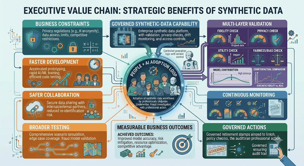 Infographic titled Executive Value Chain showing constraints, faster development, safer collaboration, broader testing, validation, monitoring, and outcomes.