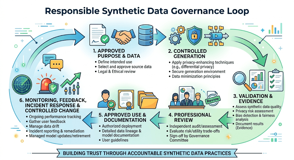 Diagram titled Responsible Synthetic Data Governance Loop from approved purpose through generation, validation, professional review, approved use, and monitoring.