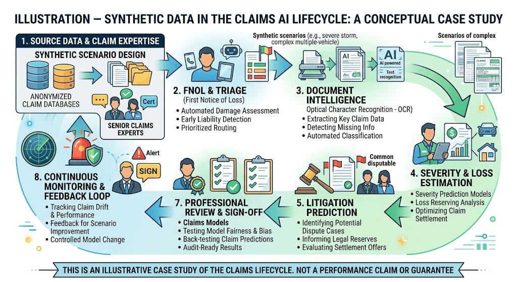 Diagram titled Synthetic Data in the Claims AI Lifecycle from scenario design through FNOL/triage, document intelligence, severity, litigation, review, and monitoring.