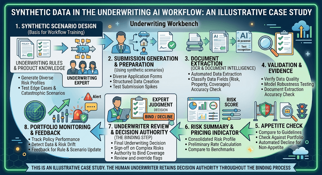Diagram titled Synthetic Data in the Underwriting AI Workflow from scenario design through underwriter bind or decline and portfolio monitoring.