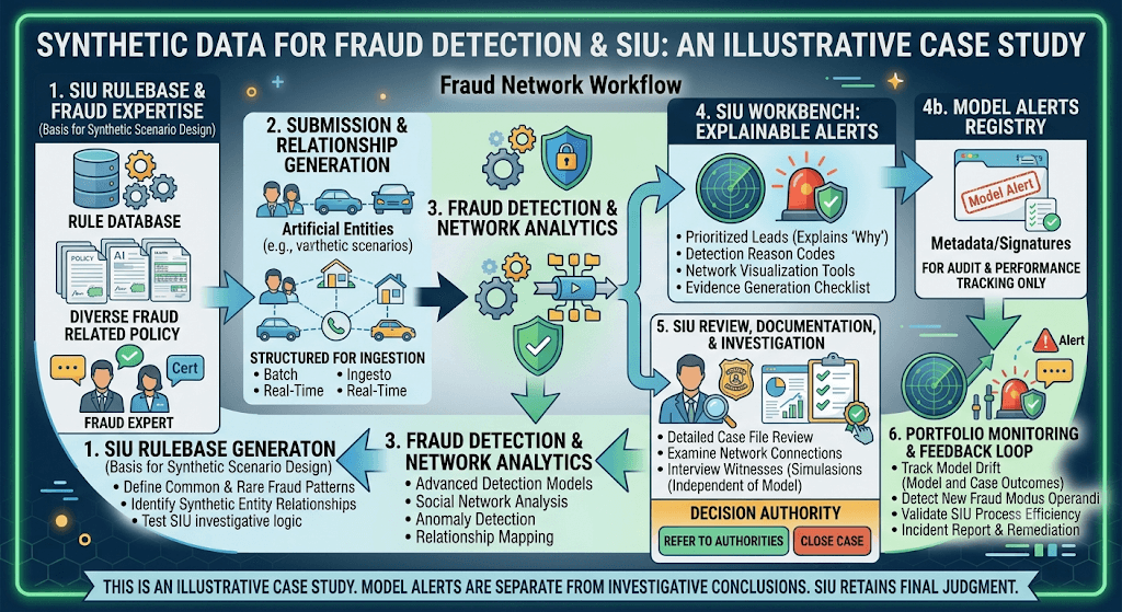 Diagram titled Synthetic Data for Fraud Detection & SIU from rulebase and relationship generation through network analytics, SIU workbench, and investigation with SIU judgment.
