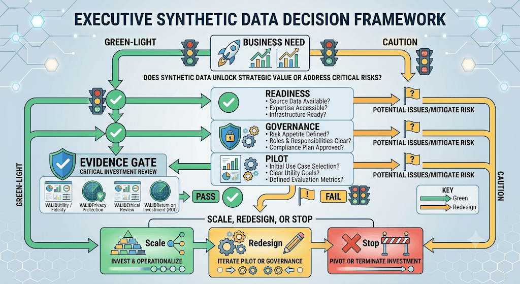 Infographic titled Executive Synthetic Data Decision Framework contrasting green-light versus caution, with readiness, governance, and pilot gates leading to scale, redesign, or stop.