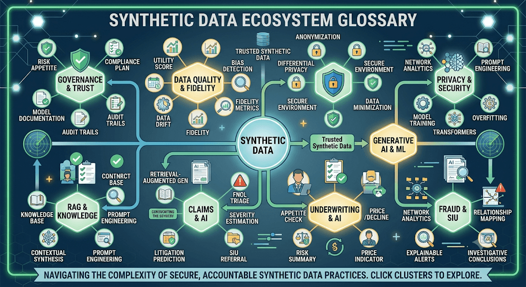 Infographic titled Synthetic Data Ecosystem Glossary as a hub-and-spoke map of governance, quality, privacy, RAG, claims, underwriting, fraud, and generative AI terms.