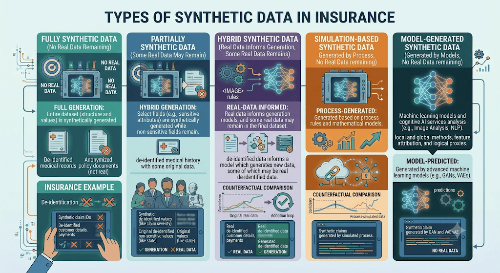 Infographic titled Types of Synthetic Data in Insurance comparing fully synthetic, partially synthetic, hybrid, simulation-based, and model-generated data.