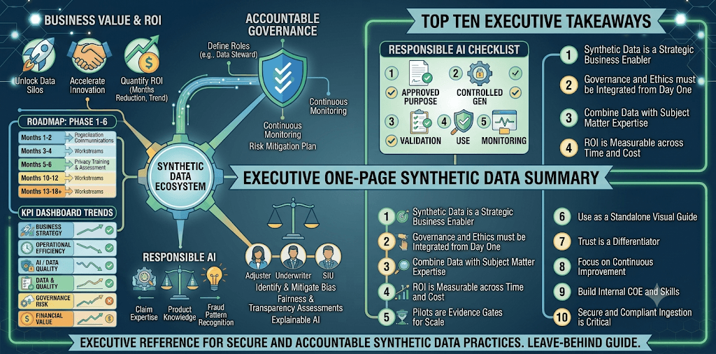 Infographic titled Executive One-Page Synthetic Data Summary combining ecosystem, ROI, governance, KPI trends, and top ten takeaways.