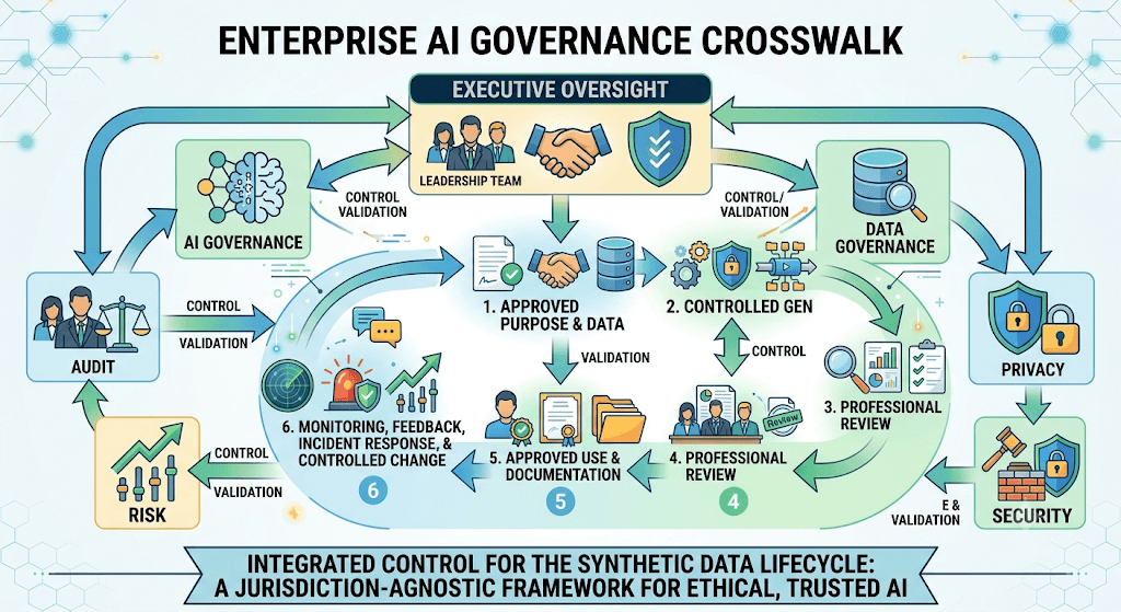 Infographic titled Enterprise AI Governance Crosswalk with executive oversight around the synthetic lifecycle and AI, data, privacy, security, audit, and risk functions.