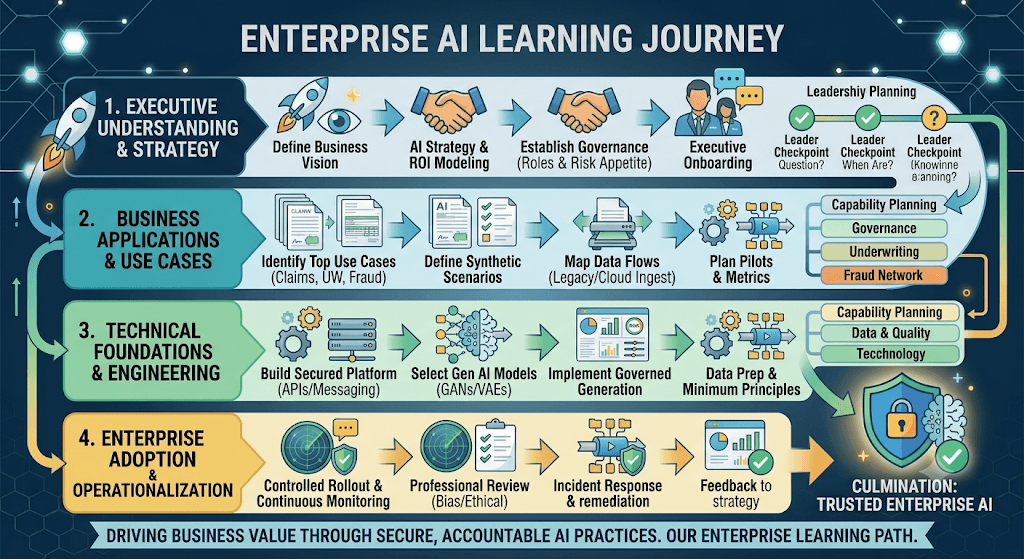 Infographic titled Enterprise AI Learning Journey from executive strategy through use cases, technical foundations, and adoption.