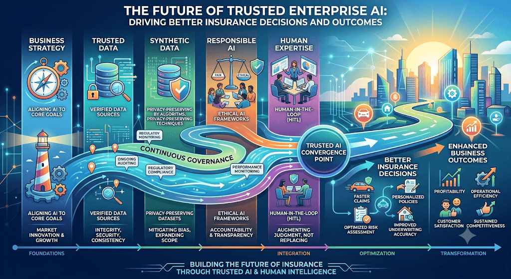 Infographic titled The Future of Trusted Enterprise AI with pillars for strategy, trusted/synthetic data, responsible AI, and human expertise converging to outcomes.