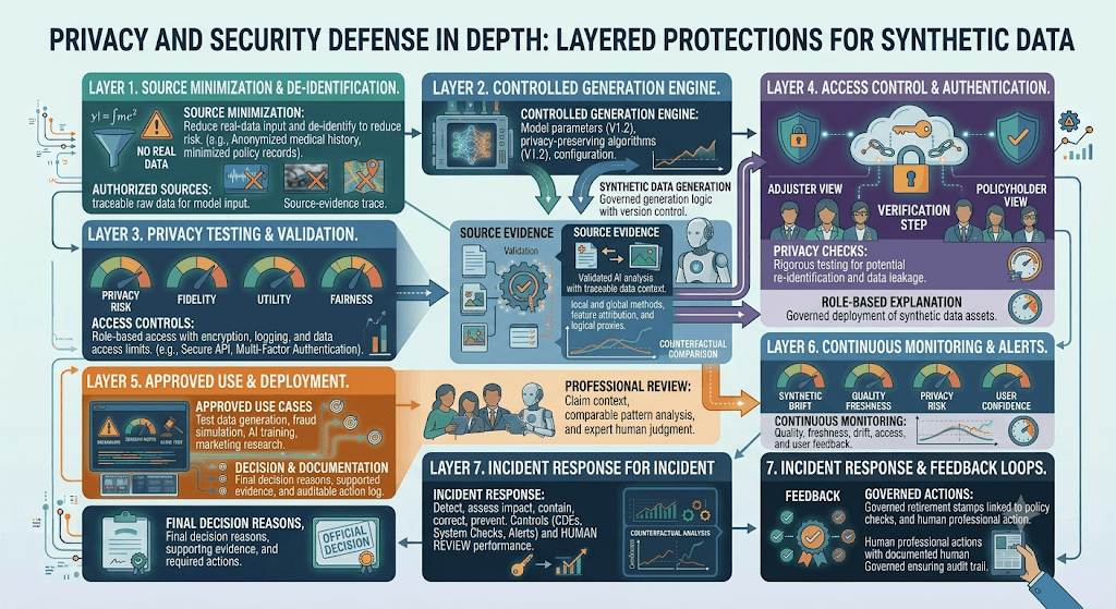 Infographic titled Privacy and Security Defense in Depth with seven stacked control layers from data minimization through incident response.
