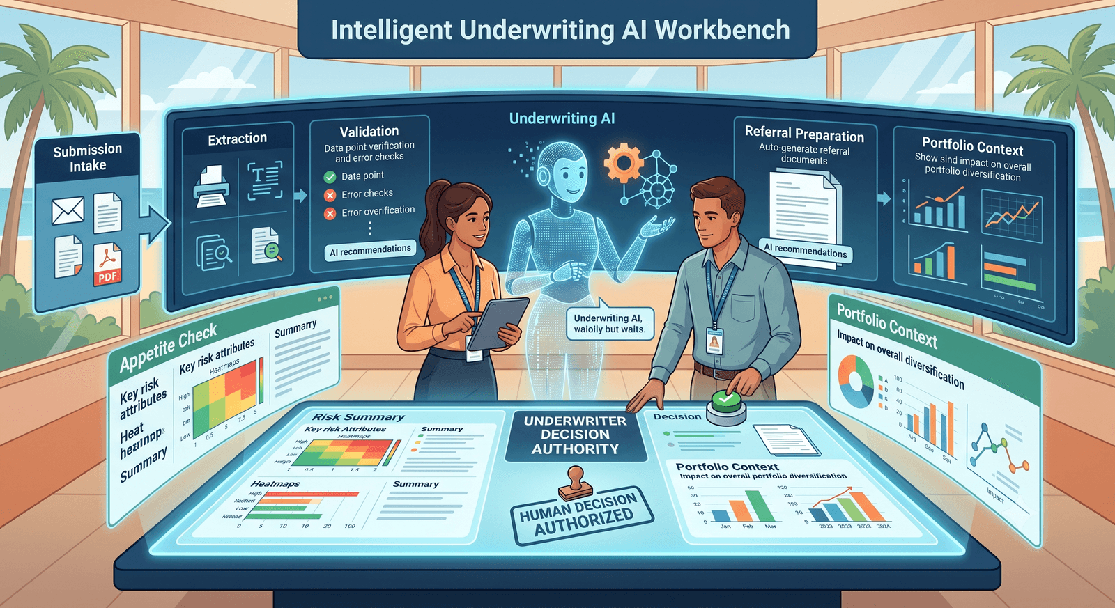 Infographic titled Intelligent Underwriting AI Workbench from submission intake through referral and portfolio views, with underwriter decision authority.