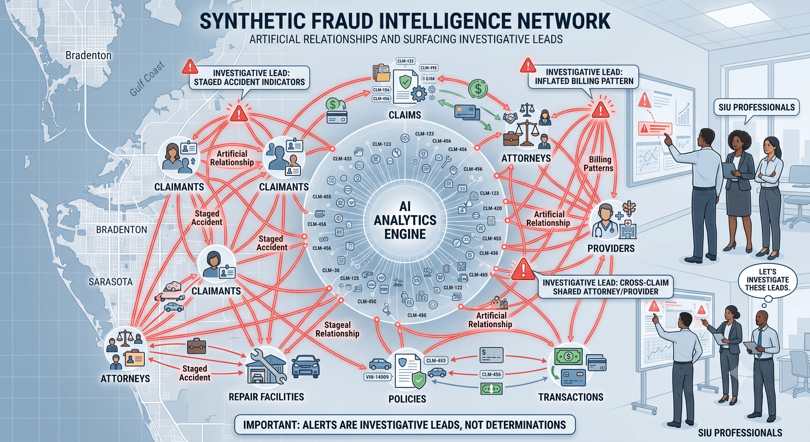 Diagram titled Synthetic Fraud Intelligence Network with an AI analytics engine linking claimants, attorneys, and providers to produce investigation leads, not determinations.