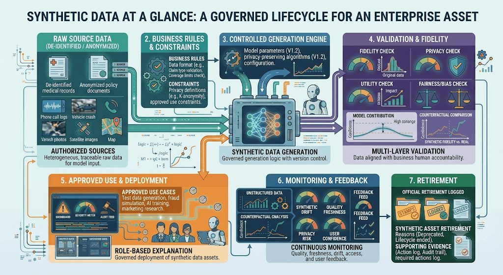 Infographic titled Synthetic Data at a Glance flowing from raw source and business rules through generation, validation and fidelity, approved use, monitoring, and retirement.