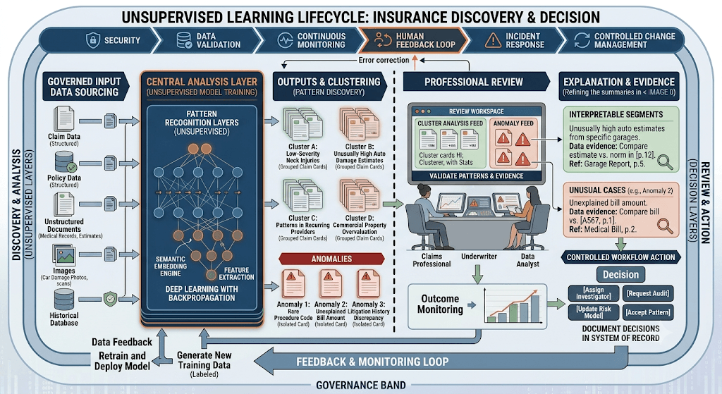 Infographic titled Unsupervised Learning Lifecycle: Insurance Discovery & Decision from governed inputs through clustering and anomalies to professional review, evidence, and documented action.