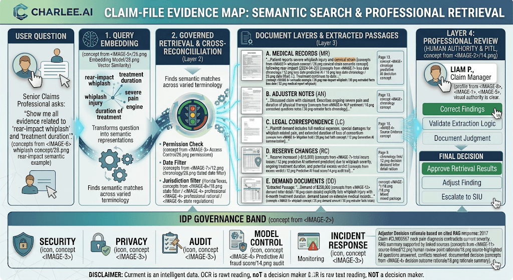 Infographic titled Claim-File Evidence Map: Semantic Search & Professional Retrieval from a user question through embedding, governed retrieval, extracted passages, and PITL decision actions.