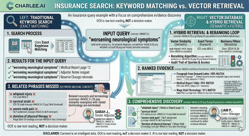 Infographic titled Insurance Search: Keyword Matching vs. Vector Retrieval contrasting exact-phrase misses with hybrid vector, keyword, and metadata discovery of related medical evidence.