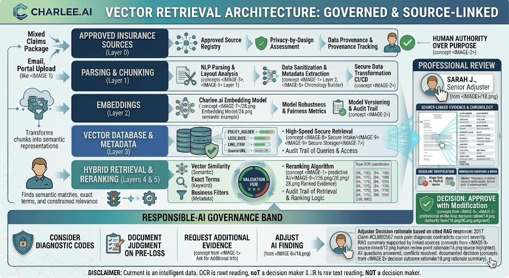 Infographic titled Vector Retrieval Architecture: Governed & Source-Linked from approved sources through parsing, embeddings, vector database, hybrid reranking, and professional review.